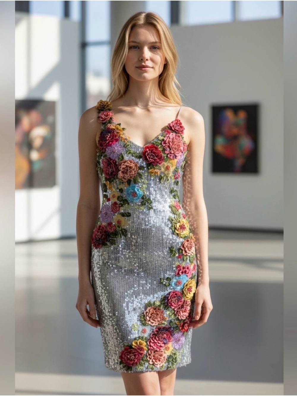 Alice & Olivia Silver Sequin Floral Appliqué Slip Dress